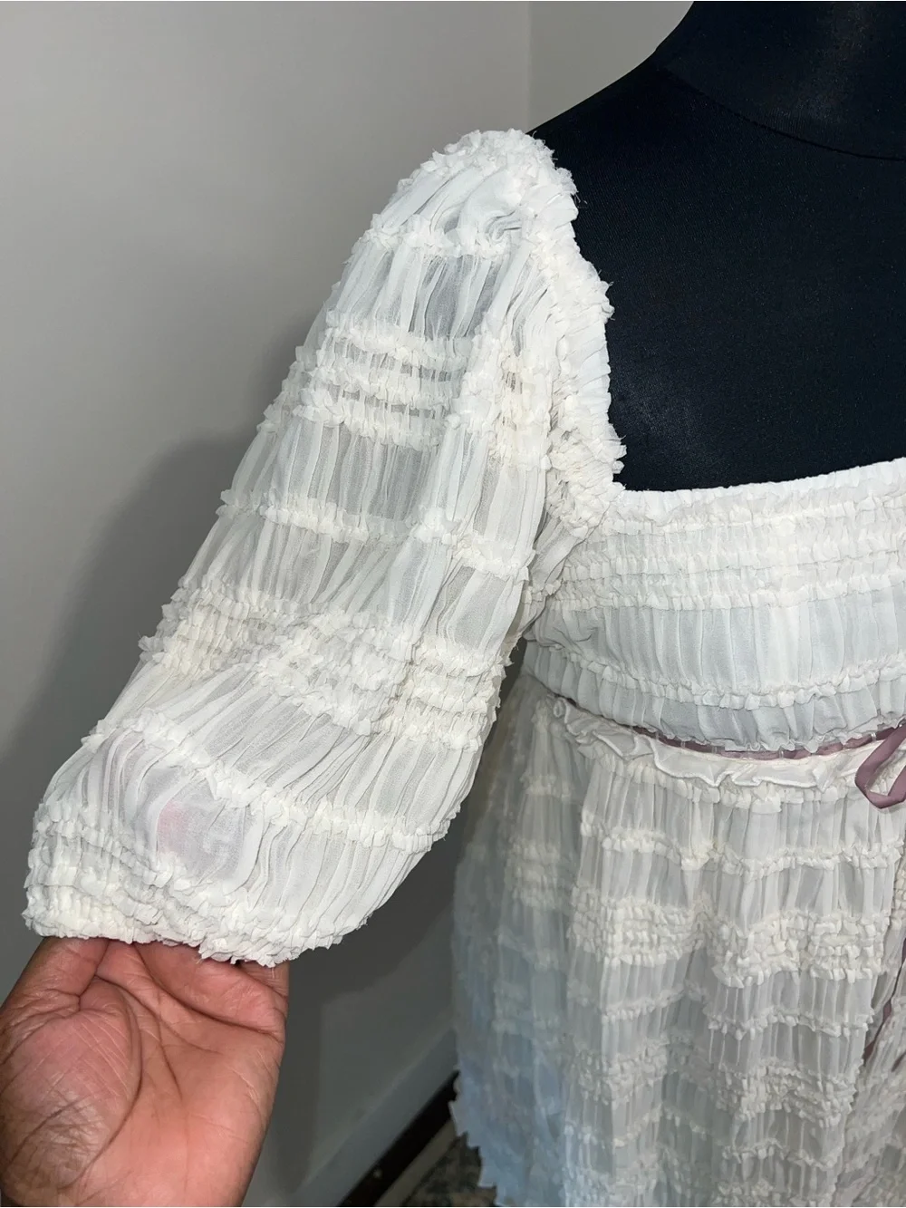 Kimchi Blue Cream Smocked Top with Ribbon Label